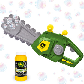 John Deere bubble chainsaw toy, side view, two-sided bubbles for imaginative play outdoors.