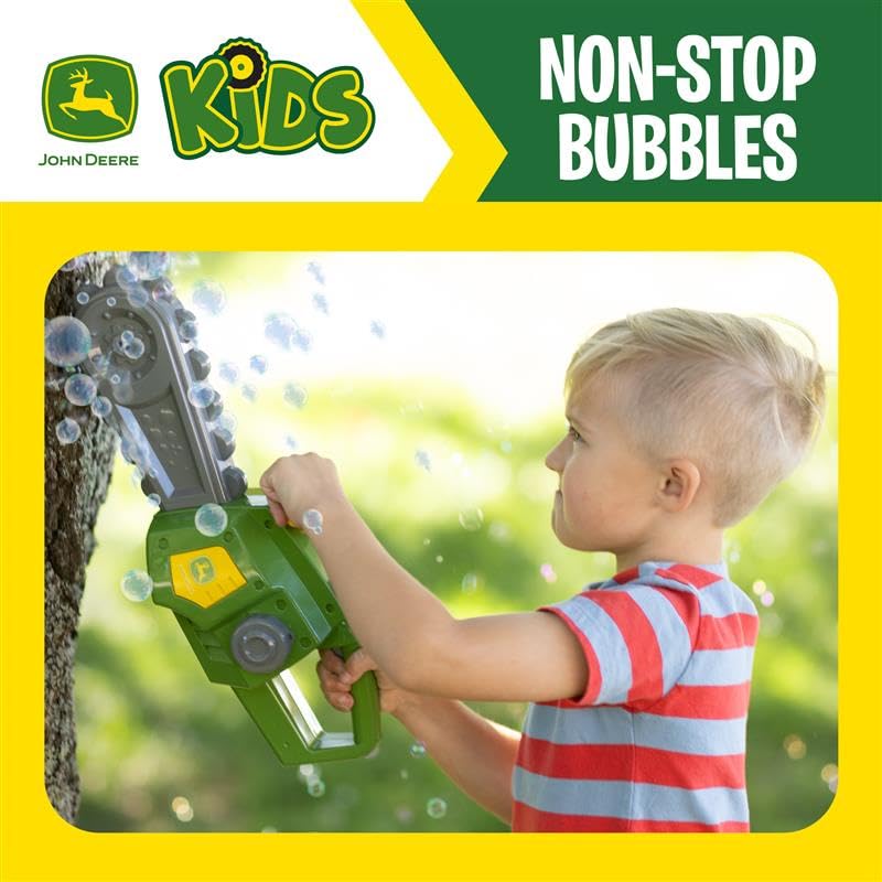 John Deere bubble chainsaw toy, trigger action, easy start for active play.