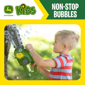 John Deere bubble chainsaw toy, trigger action, easy start for active play.