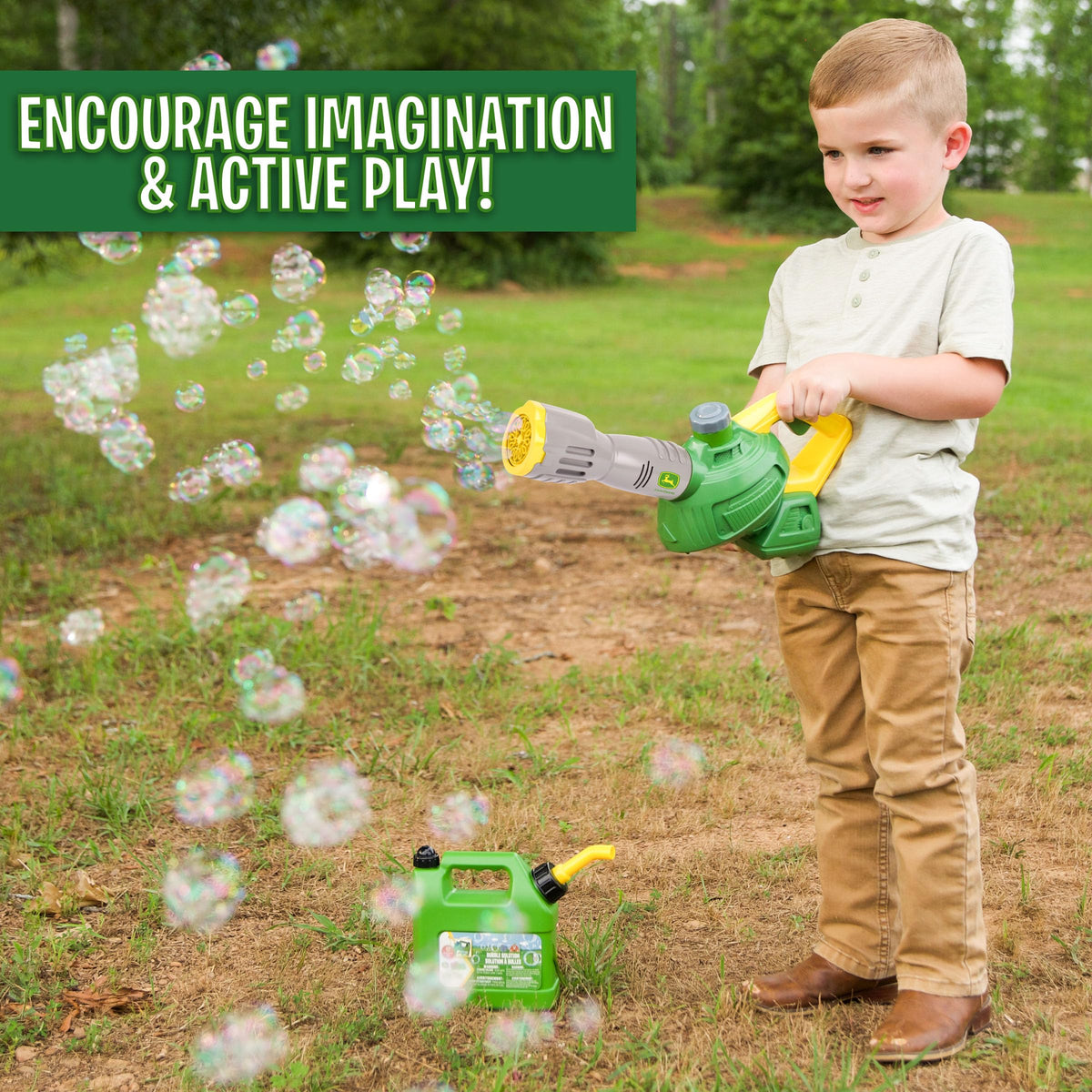 John Deere bubble leaf blower in action with bubbles for imaginative play outdoors.