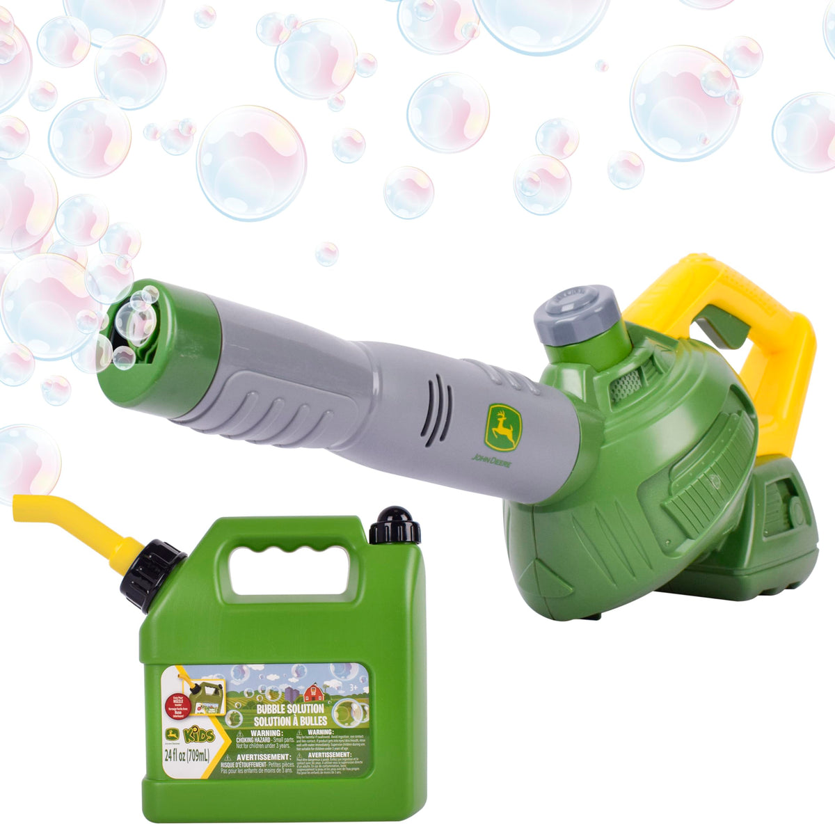 John Deere bubble leaf blower toy ready for outdoor play and pretend yard work.