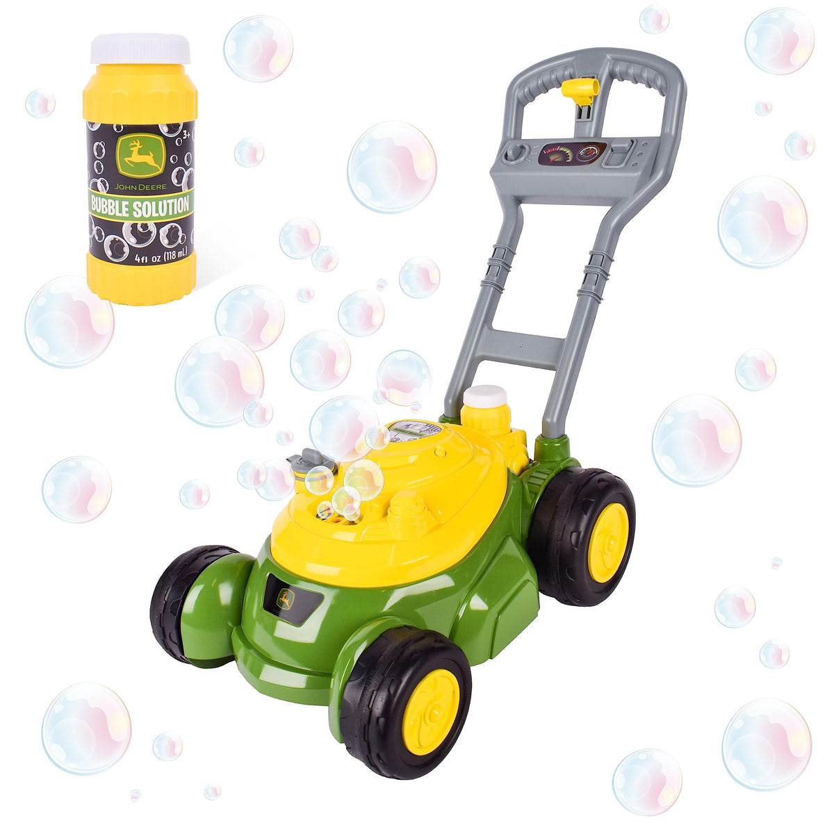 John Deere Bubble-N-Go Mower front view boosts imaginative outdoor play.