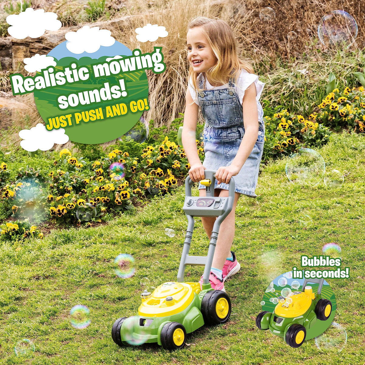 John Deere Bubble-N-Go Mower side push action facilitates active motor skills.