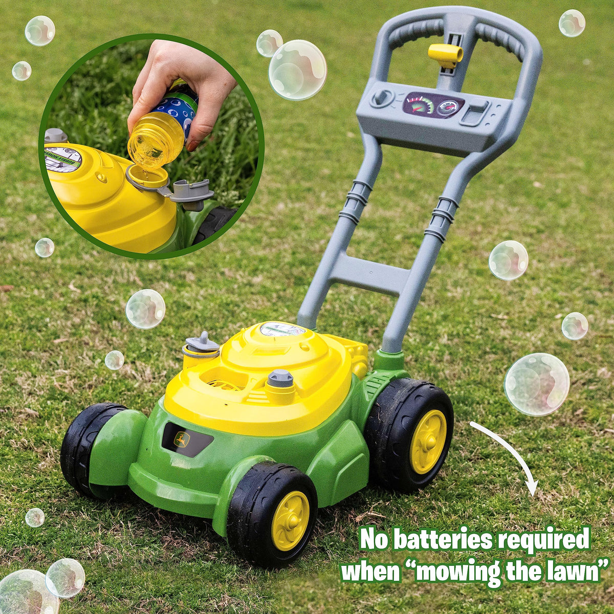 Bubble solution bottle holder shown for quick refills and continuous fun.