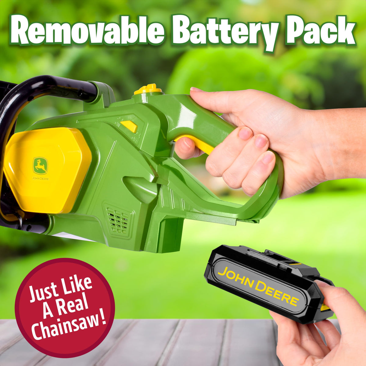 John Deere chainsaw toy designed for indoor and outdoor adventures
