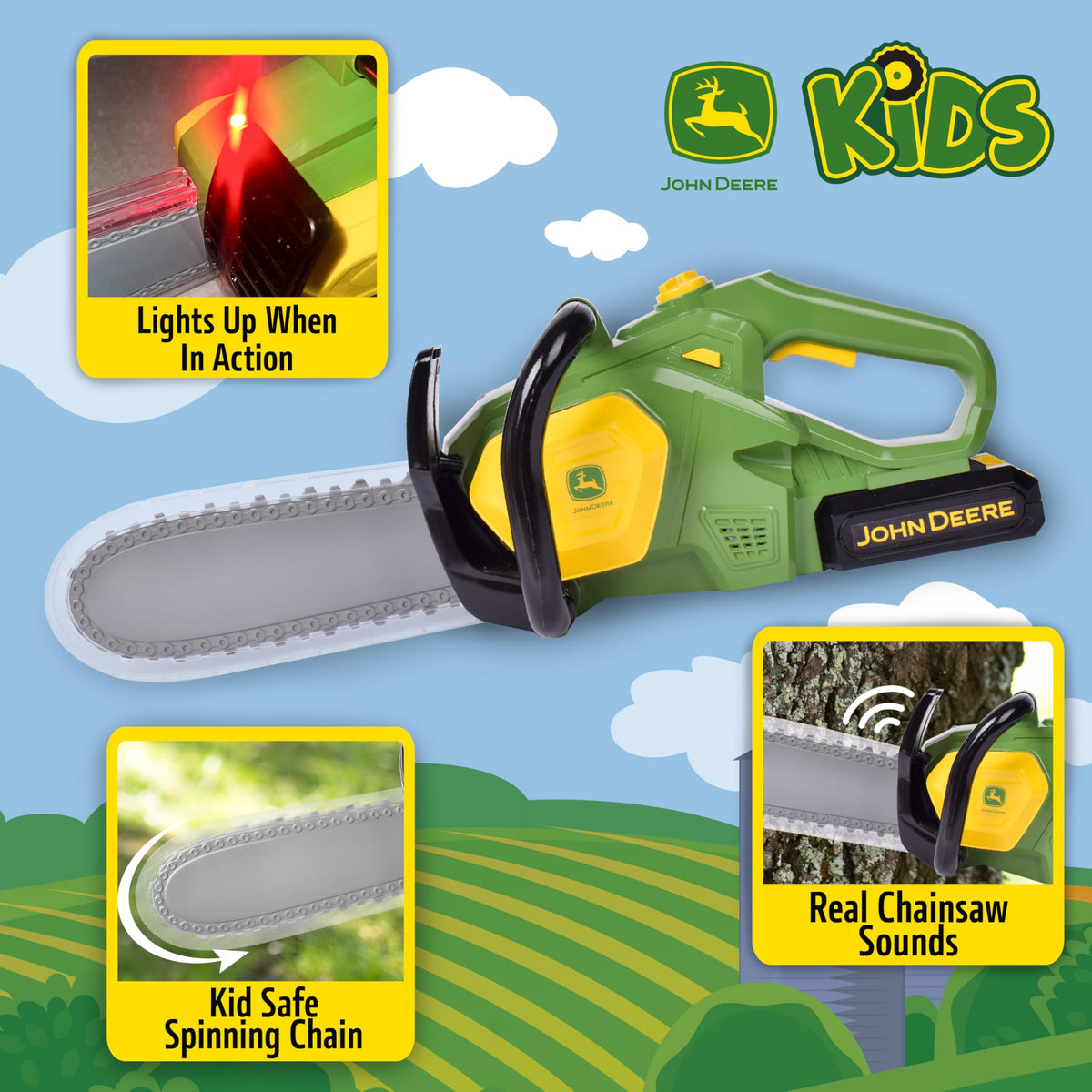 John Deere chainsaw toy removable battery pack adds hands-on realism
