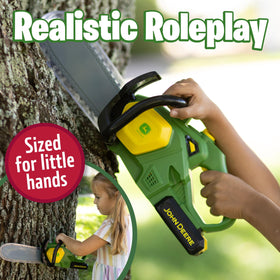 John Deere chainsaw toy with rotating blade sparks imaginative construction play
