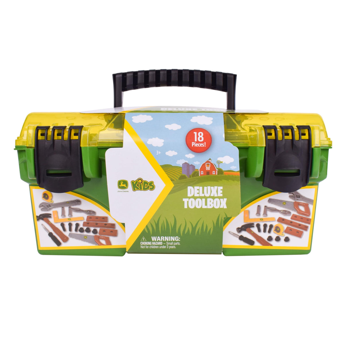 John Deere children playing with tools, fostering hand-eye coordination and creativity