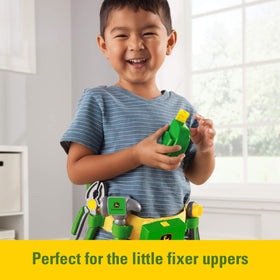 John Deere Deluxe Talking Toolbelt hammer in hand for pretend construction play.