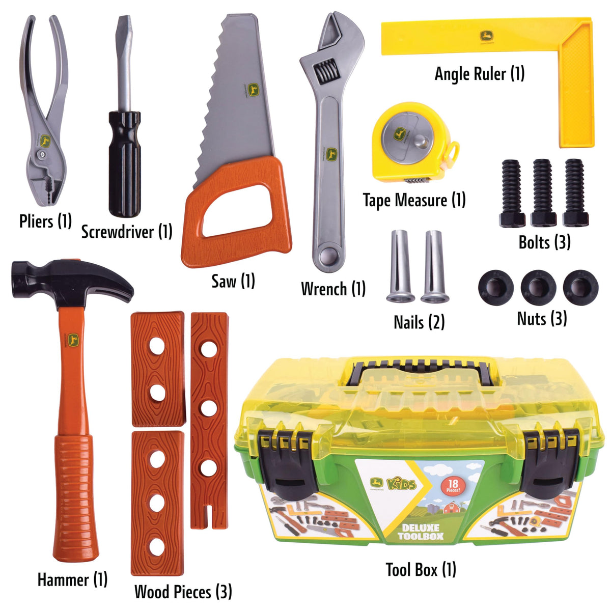 John Deere deluxe tool box tools set displayed inside, ideal for pretend DIY