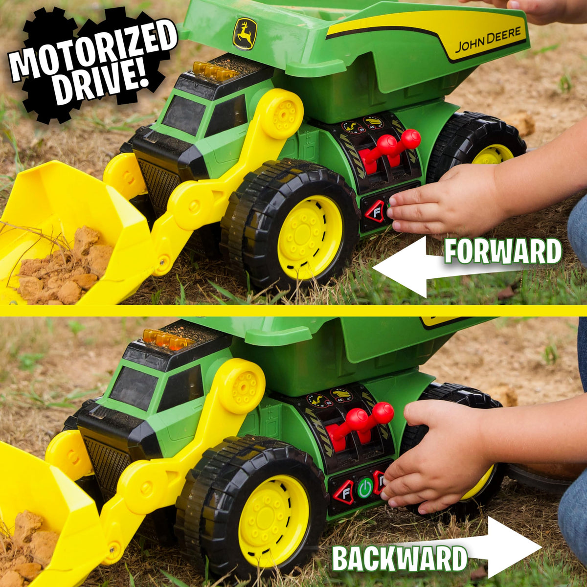 John Deere Dig Rig big tires roll over sand, dirt, or carpet.