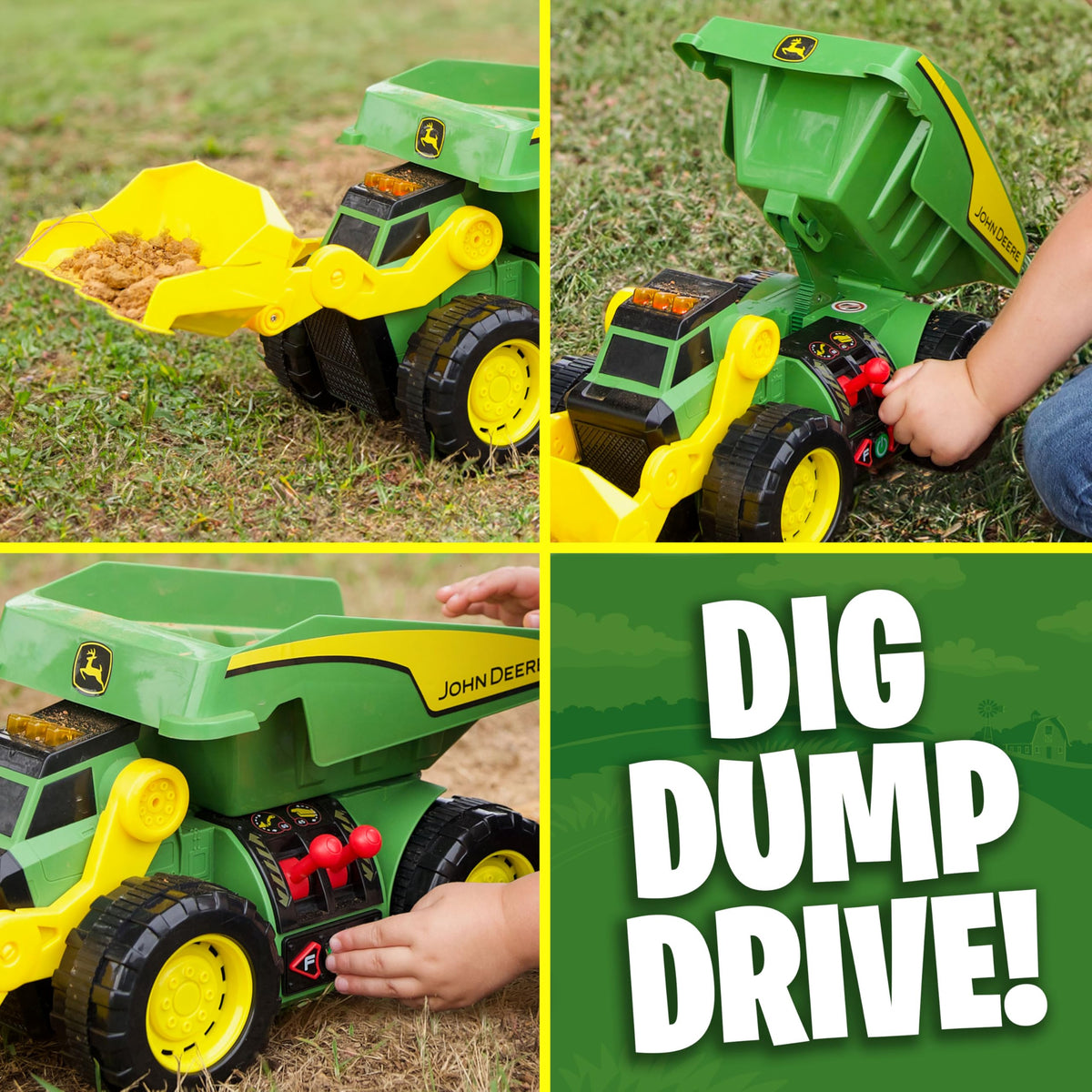 John Deere Dig Rig dumping trough enables large toy dumps during playtime.