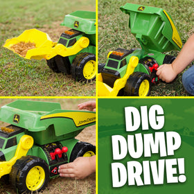 John Deere Dig Rig dumping trough enables large toy dumps during playtime.