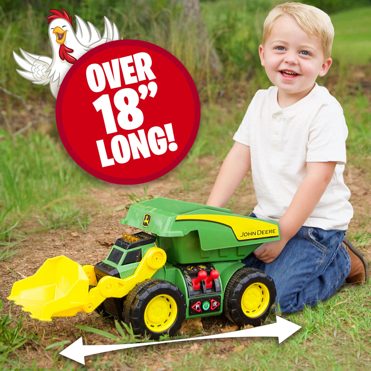 John Deere Dig Rig motorized engine powers forward and backward adventures.