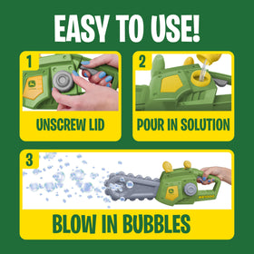 John Deere chainsaw toy, durable materials, designed for hours of bubble-filled play.