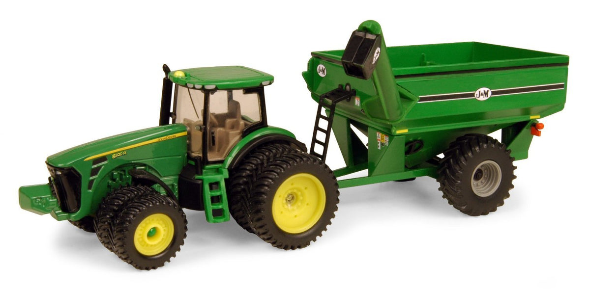 John Deere ERTL 1:64 scale tractor with J&M grain cart, durable die-cast build for kids' farm play.