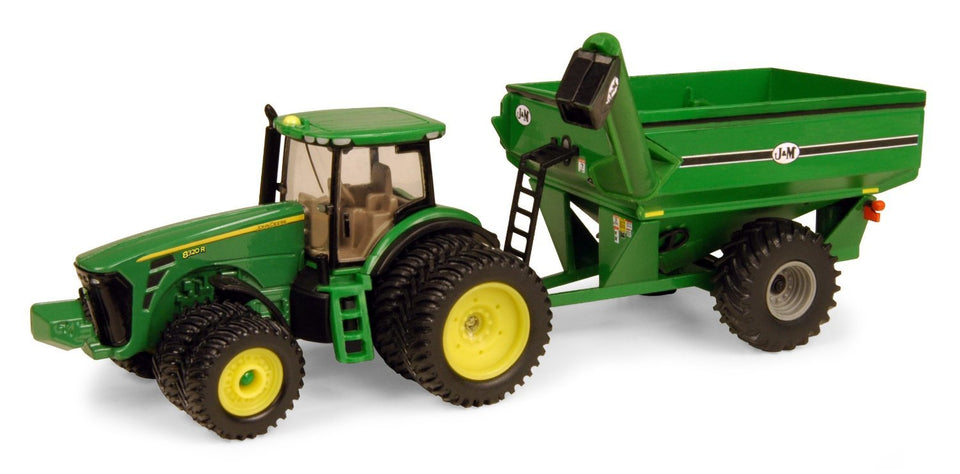 John Deere ERTL 1:64 scale tractor with J&M grain cart, durable die-cast build for kids' farm play.