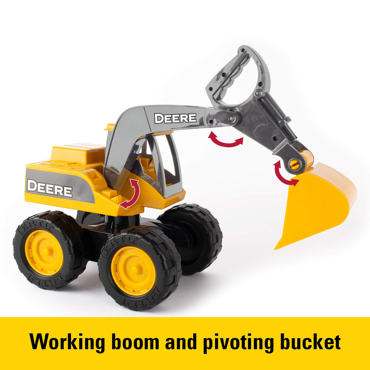 John Deere excavator arm action showcases realistic movement for imaginative construction play.
