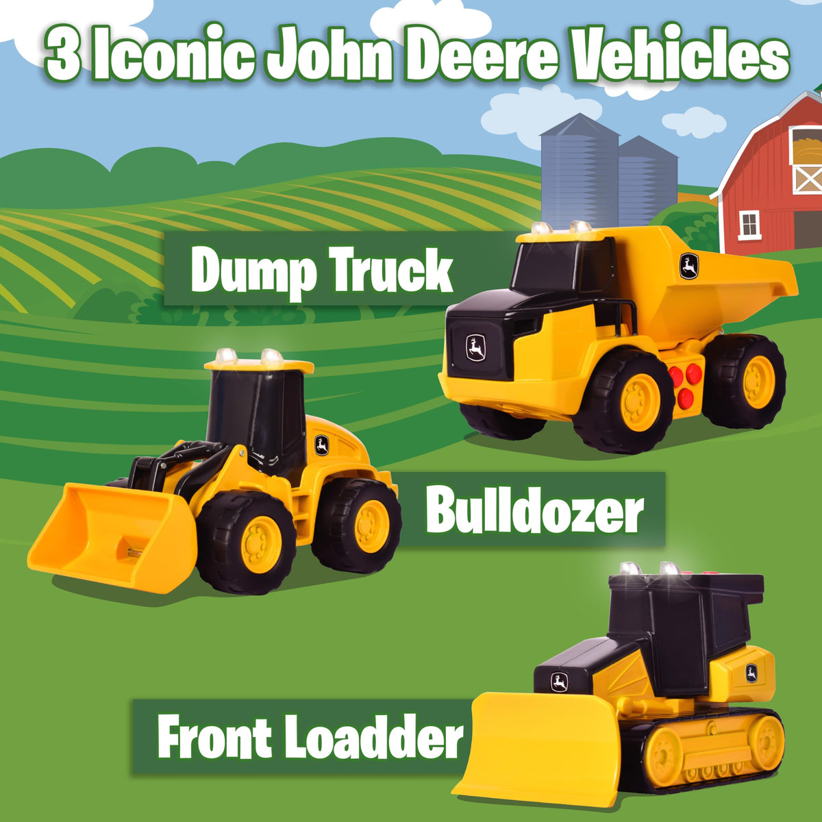 John Deere front-loader side view with lights for engaging playtime