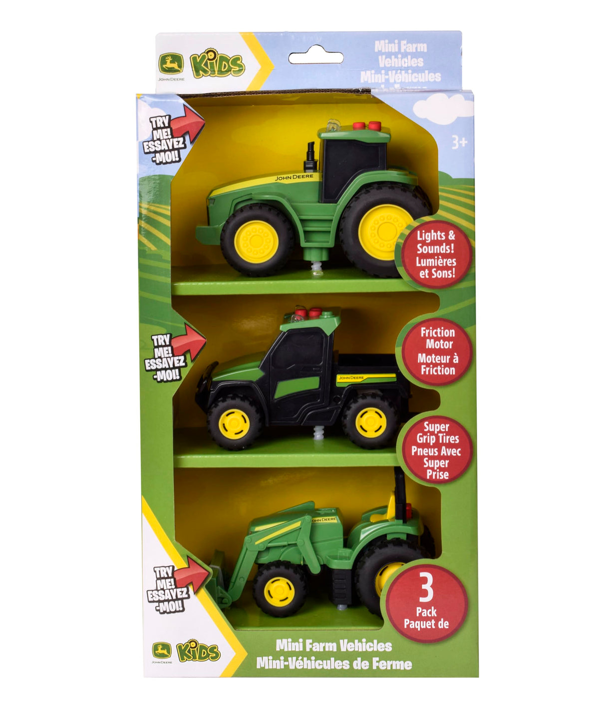 John Deere imaginative play scene with three vehicles sparks creative farming adventures.