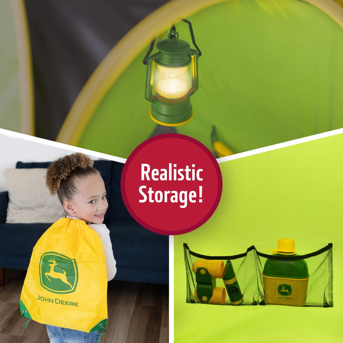 John Deere interior pockets help keep accessories organized during playtime.