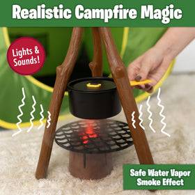 John Deere interactive campfire with lights and smoke-like vapor enhances pretend camping.