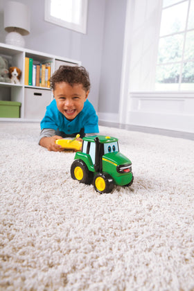 John Deere Johnny Tractor RC with simple two-button controller for easy use.