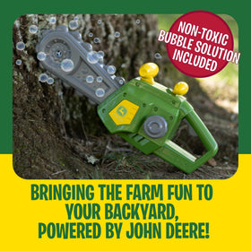 John Deere bubble chainsaw toy in use outdoors, safe for little builders.