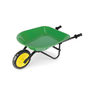 John Deere kids wheelbarrow 34inch front view highlights easy rolling wheel and safe rounded edges.