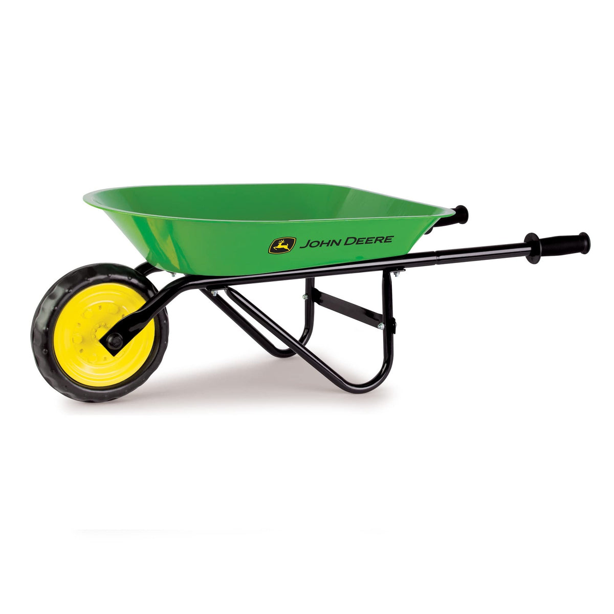 John Deere kids wheelbarrow 34inch side view showing sturdy steel frame for outdoor chores.