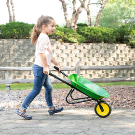 John Deere licensed wheelbarrow in authentic colors supports imaginative outdoor chores.