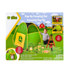 John Deere lantern and binoculars add authentic camping ambience.