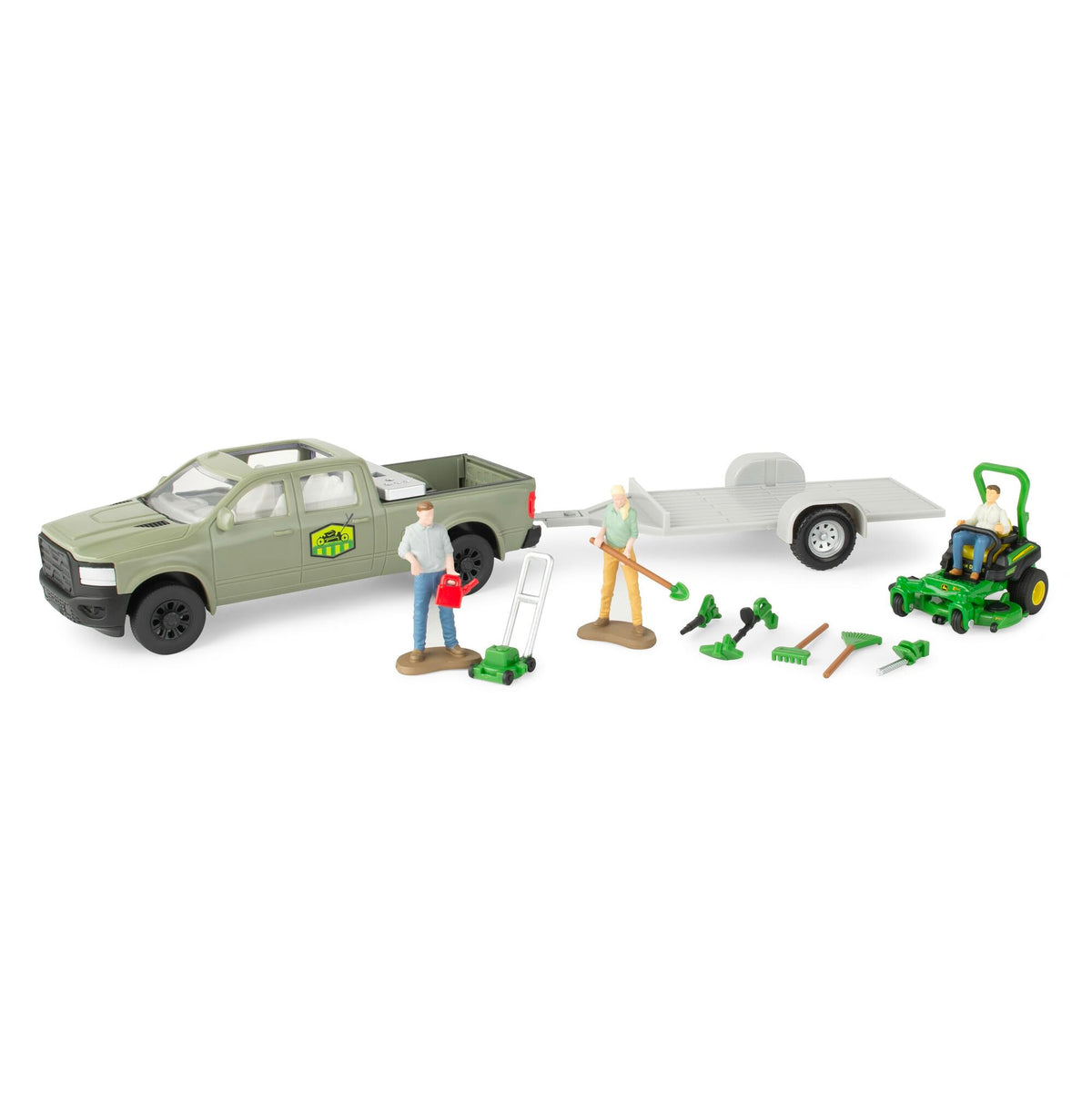 John Deere LP85796 toy truck with trailer for imaginative lawn care play