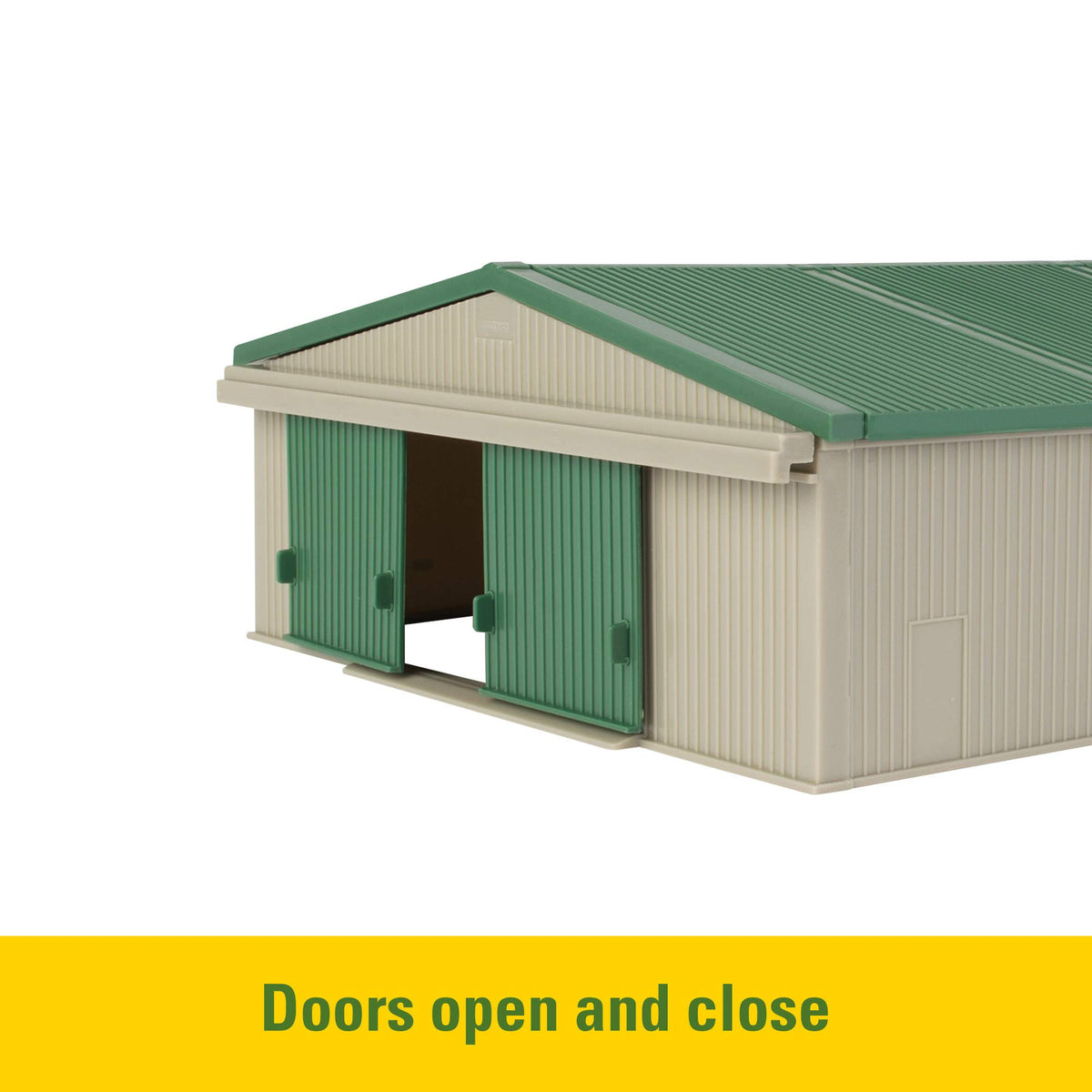 John Deere machine shed with removable roof and opening doors for interactive storage.