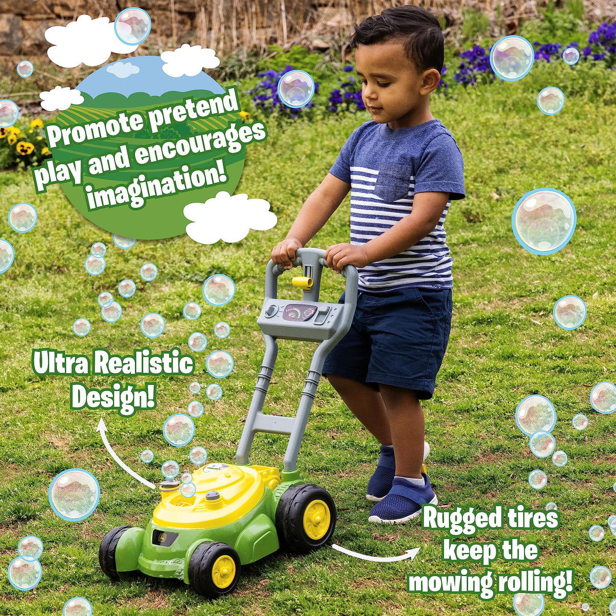 Mechanical sounds enhance imaginative play with John Deere Bubble-N-Go Mower.