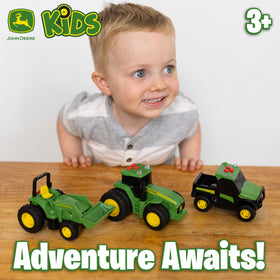John Deere mini vehicles lights and sounds button activation invites interactive pretend farming.
