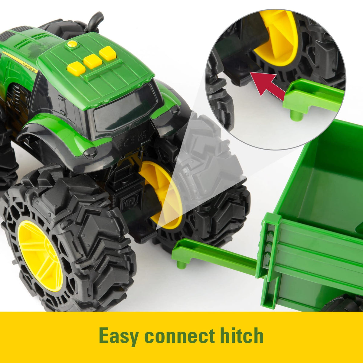 John Deere Monster Treads battery compartment ready for immediate play.