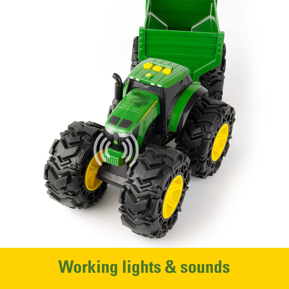 John Deere Monster Treads tractor tires conquer off-road sandbox terrain.