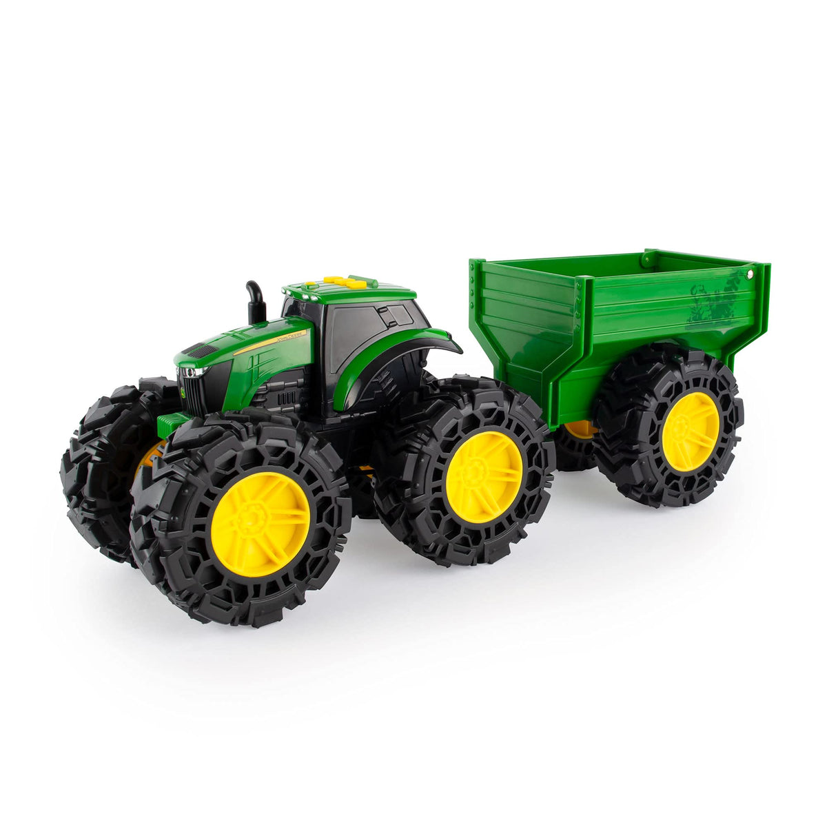 John Deere Monster Treads tractor toy with lights and sounds for interactive play.