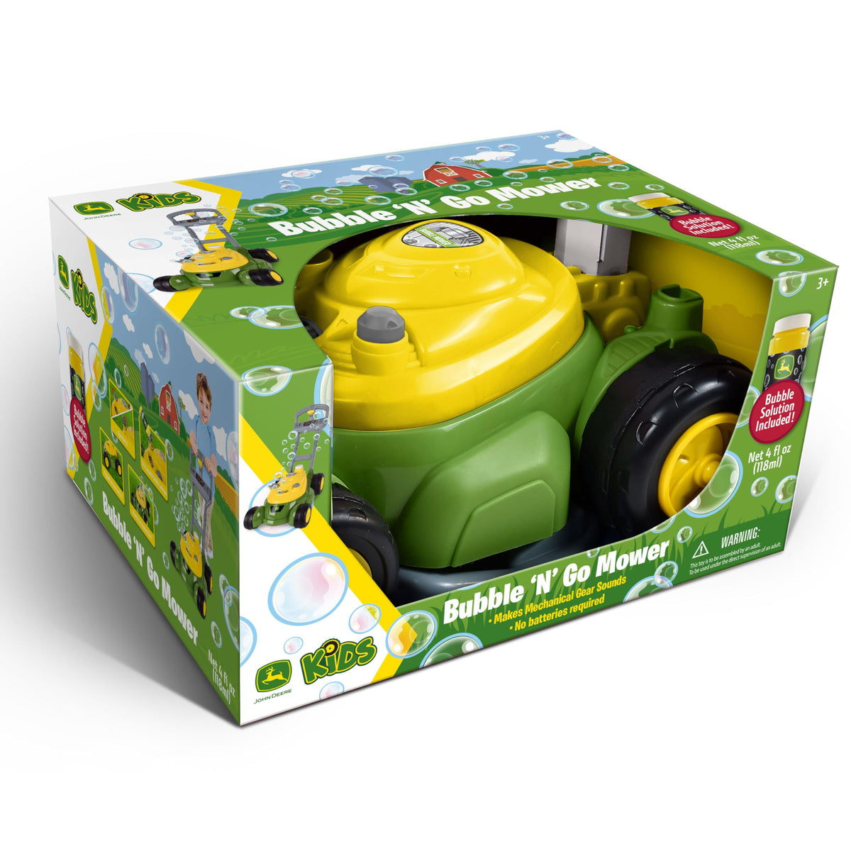 Outdoor imaginative play with John Deere Bubble-N-Go Mower encourages creative storytelling.