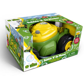 Outdoor imaginative play with John Deere Bubble-N-Go Mower encourages creative storytelling.