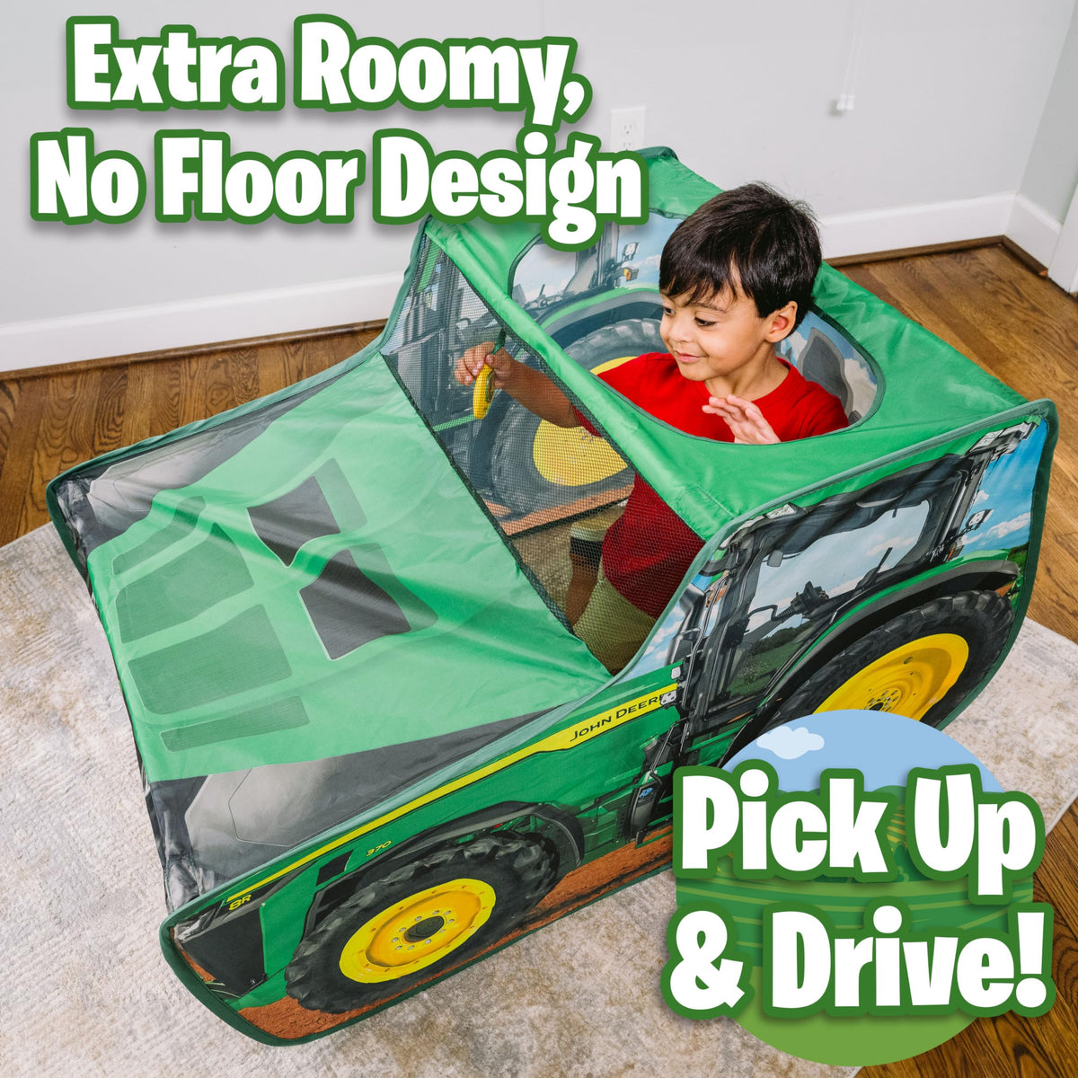 John Deere pop up tent no-floor design encouraging active movement and mobility