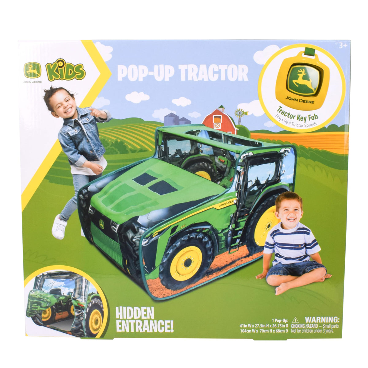 John Deere pop up tent rear entrance door offering supervised peek-a-boo play