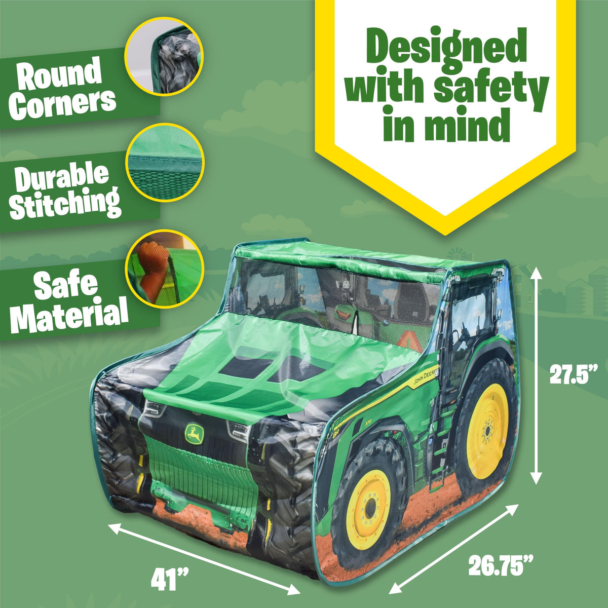 John Deere pop up tent safe materials and rounded corners for worry-free play
