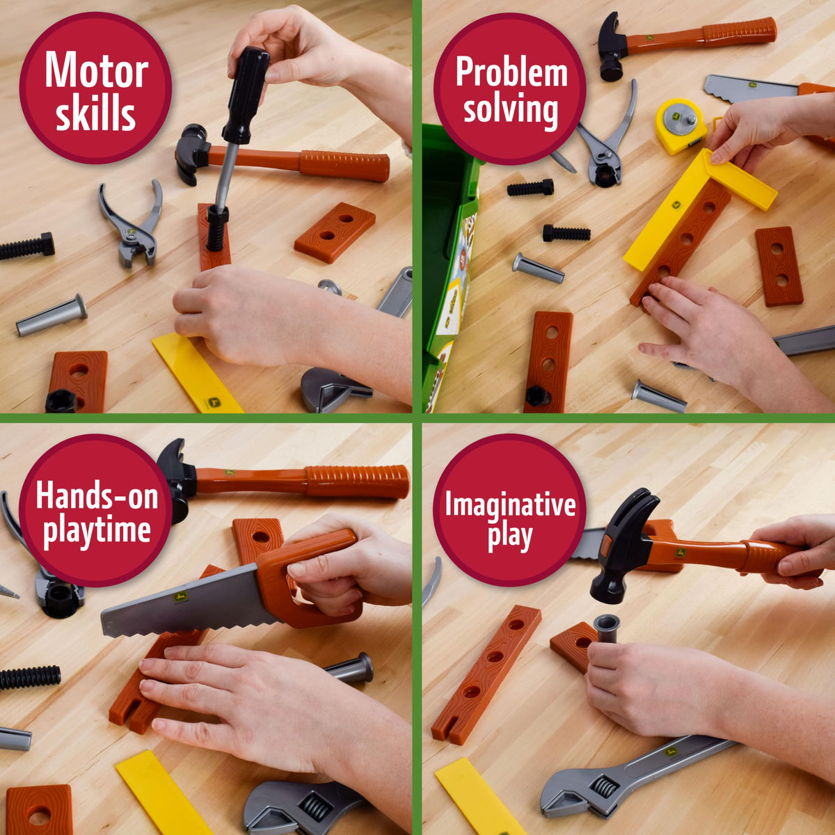 John Deere pretend wood, nails, and screws for hands-on building fun