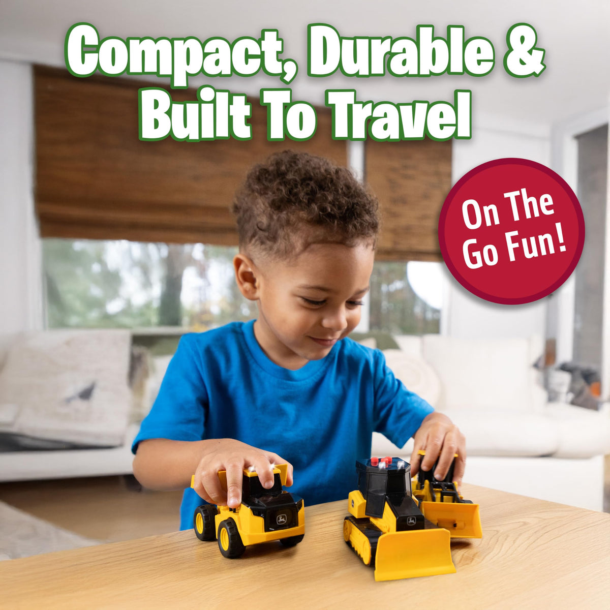 John Deere pull-back action demonstrates quick rolling play on the floor