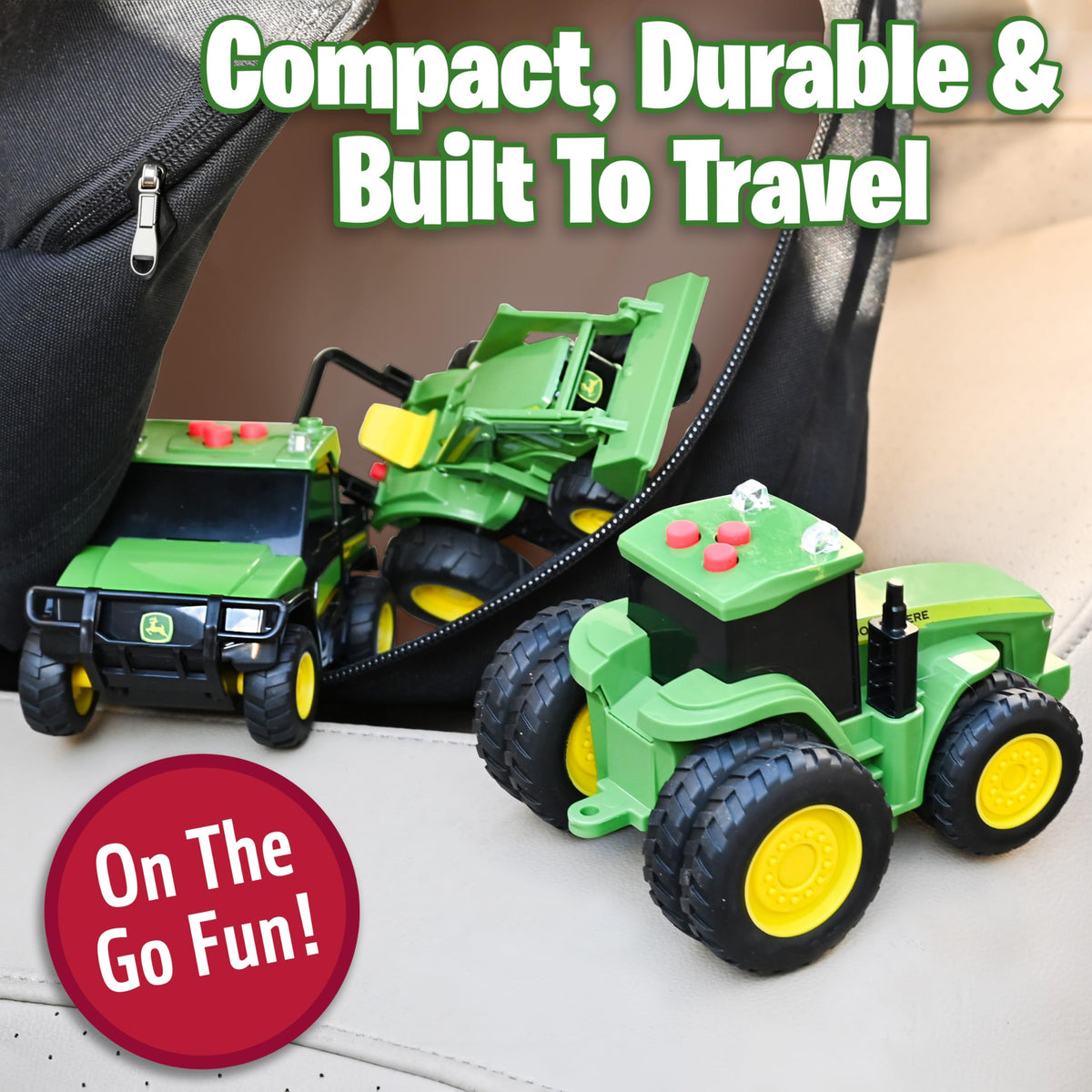 John Deere pull-back rev motor action activates quick rolling fun.