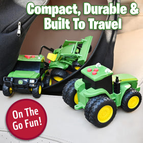 John Deere pull-back rev motor action activates quick rolling fun.