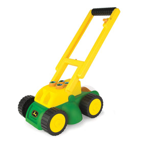 John Deere Tomy lawn mower front view for imaginative outdoor play.