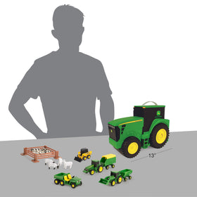 John Deere carrying case with 25-toy capacity for travel fun.